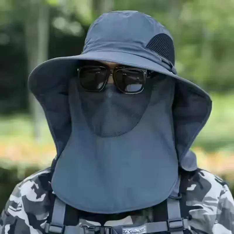 UPF50  Fishing hat Sun shading large eaves mountain climbing mask mesh breathable outdoor UV protection detachable full face