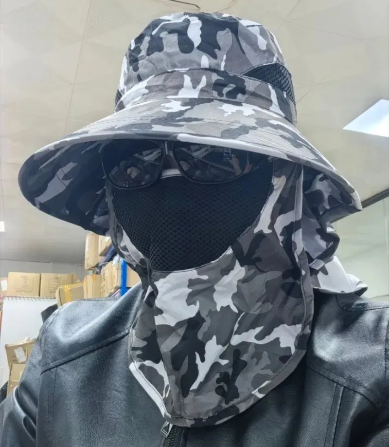 UPF50  Fishing hat Sun shading large eaves mountain climbing mask mesh breathable outdoor UV protection detachable full face