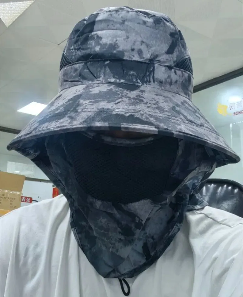 UPF50  Fishing hat Sun shading large eaves mountain climbing mask mesh breathable outdoor UV protection detachable full face