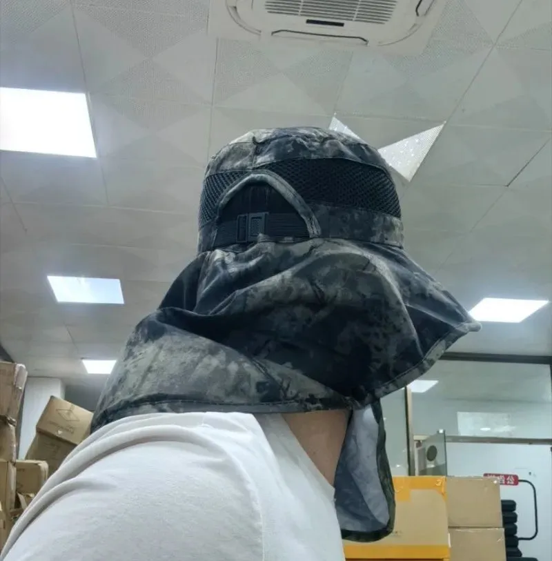 UPF50  Fishing hat Sun shading large eaves mountain climbing mask mesh breathable outdoor UV protection detachable full face