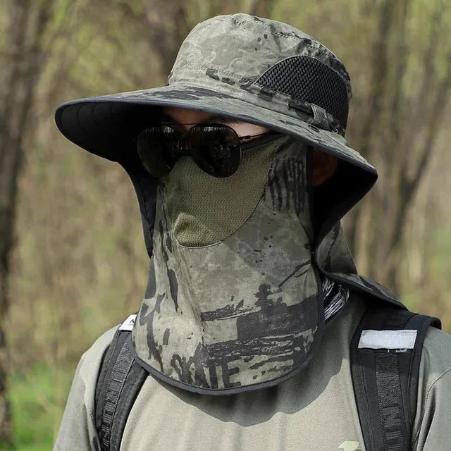 UPF50  Fishing hat Sun shading large eaves mountain climbing mask mesh breathable outdoor UV protection detachable full face