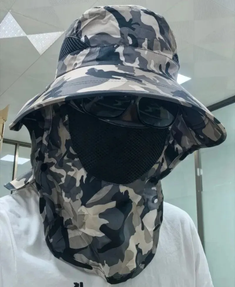 UPF50  Fishing hat Sun shading large eaves mountain climbing mask mesh breathable outdoor UV protection detachable full face