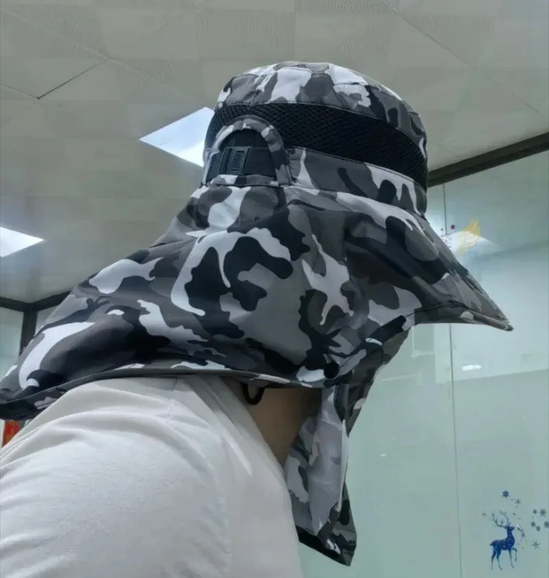 UPF50  Fishing hat Sun shading large eaves mountain climbing mask mesh breathable outdoor UV protection detachable full face