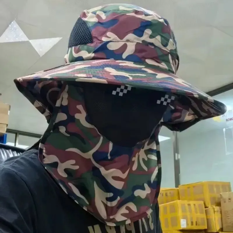 UPF50  Fishing hat Sun shading large eaves mountain climbing mask mesh breathable outdoor UV protection detachable full face
