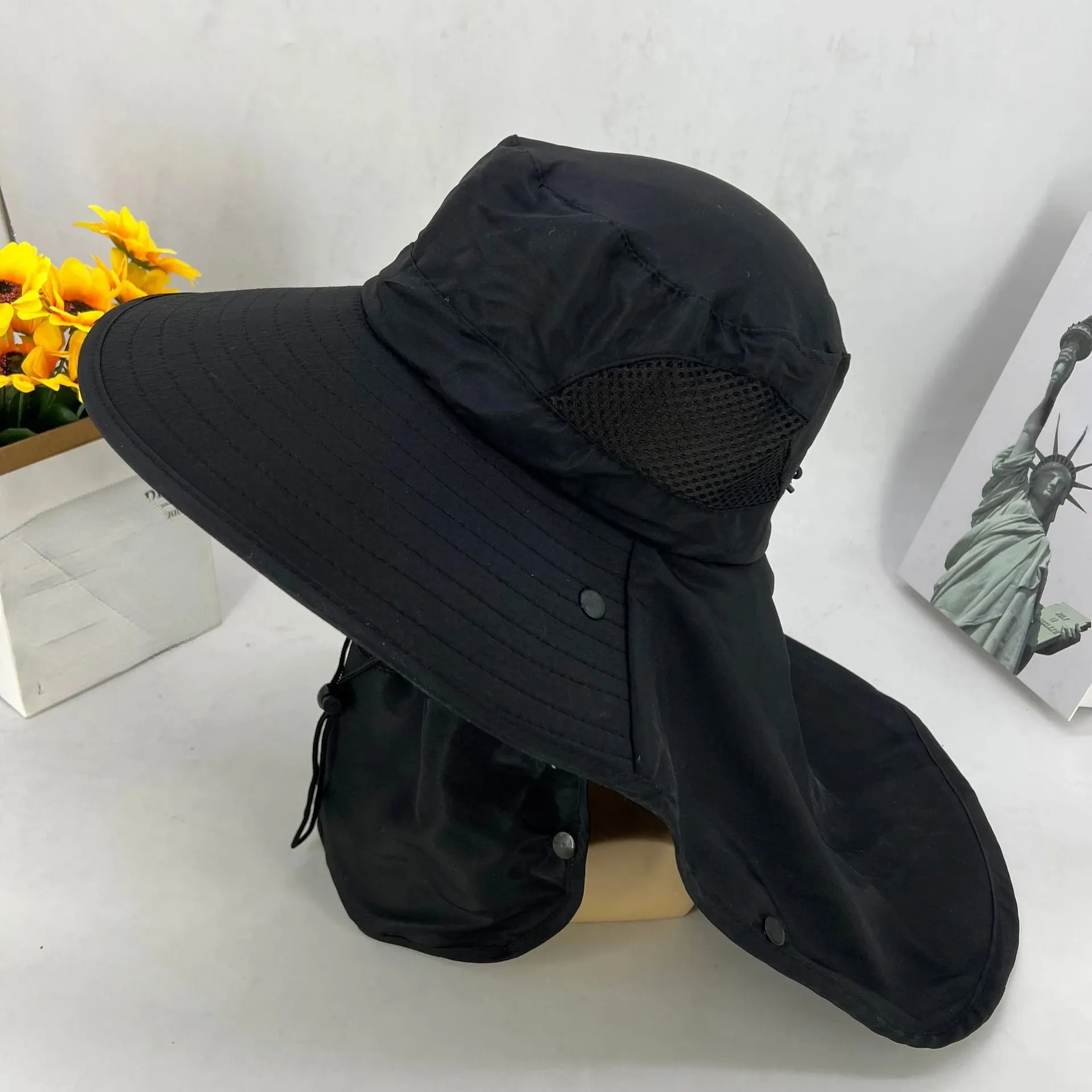 UPF50  Fishing hat Sun shading large eaves mountain climbing mask mesh breathable outdoor UV protection detachable full face