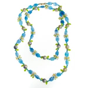 Vintage 1950s Blue Bead and Daisy Lucite Double Strand Beaded Necklace