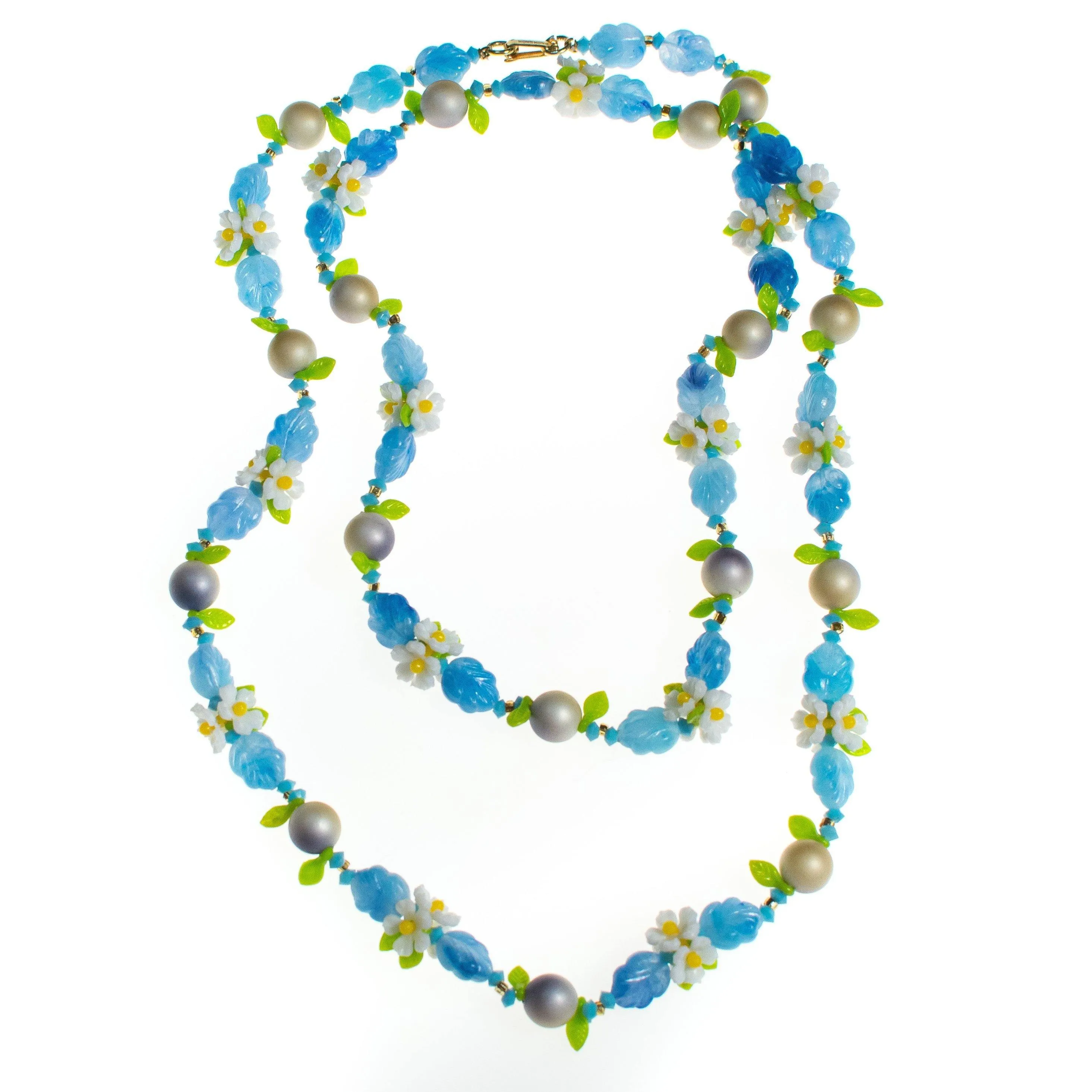 Vintage 1950s Blue Bead and Daisy Lucite Double Strand Beaded Necklace