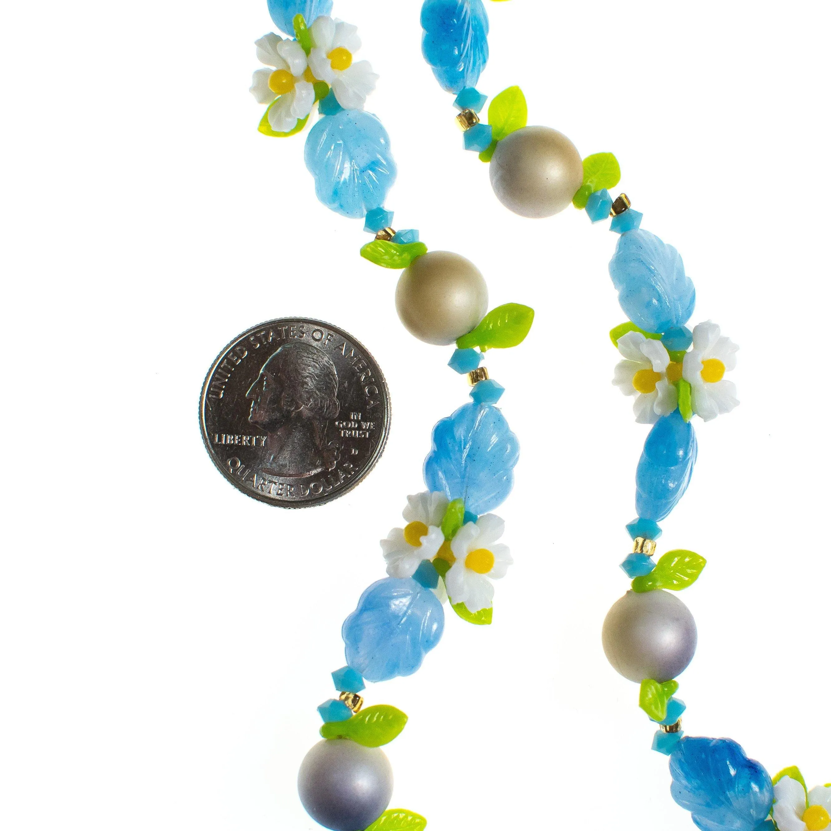 Vintage 1950s Blue Bead and Daisy Lucite Double Strand Beaded Necklace