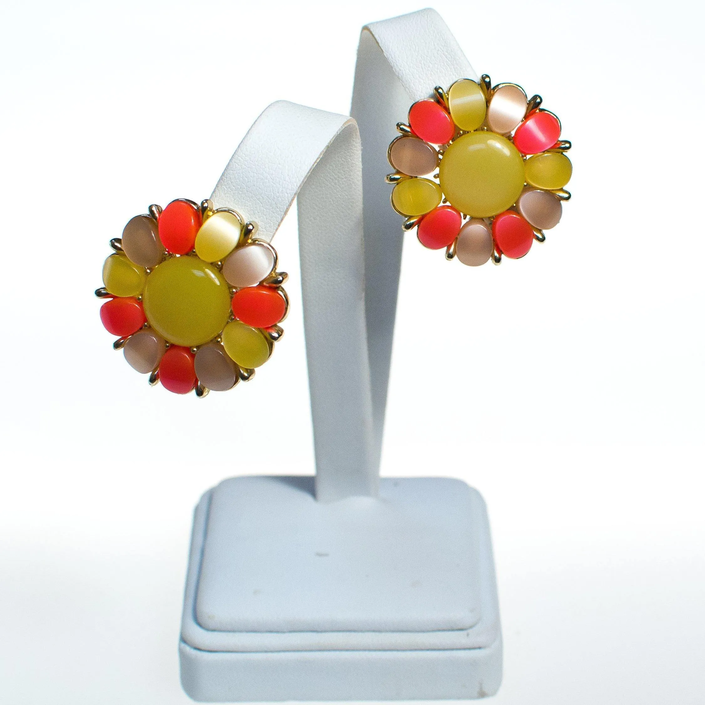 Vintage 1950s Mod Yellow Orange, Champagne Thermoset Lucite Moonglow Medallion Statement Earrings, Clip On