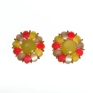 Vintage 1950s Mod Yellow Orange, Champagne Thermoset Lucite Moonglow Medallion Statement Earrings, Clip On