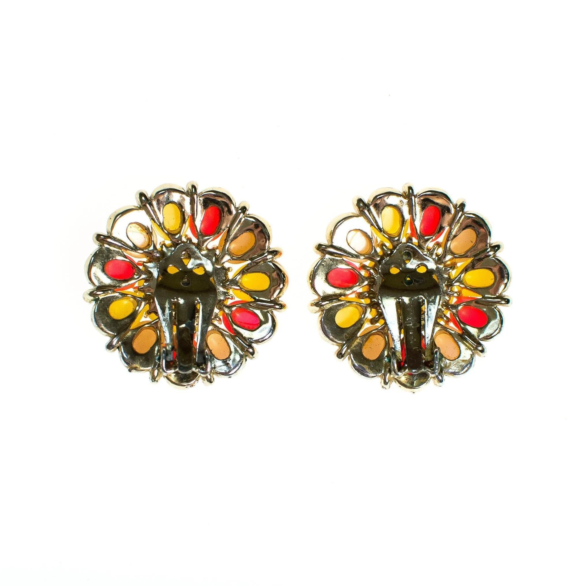 Vintage 1950s Mod Yellow Orange, Champagne Thermoset Lucite Moonglow Medallion Statement Earrings, Clip On
