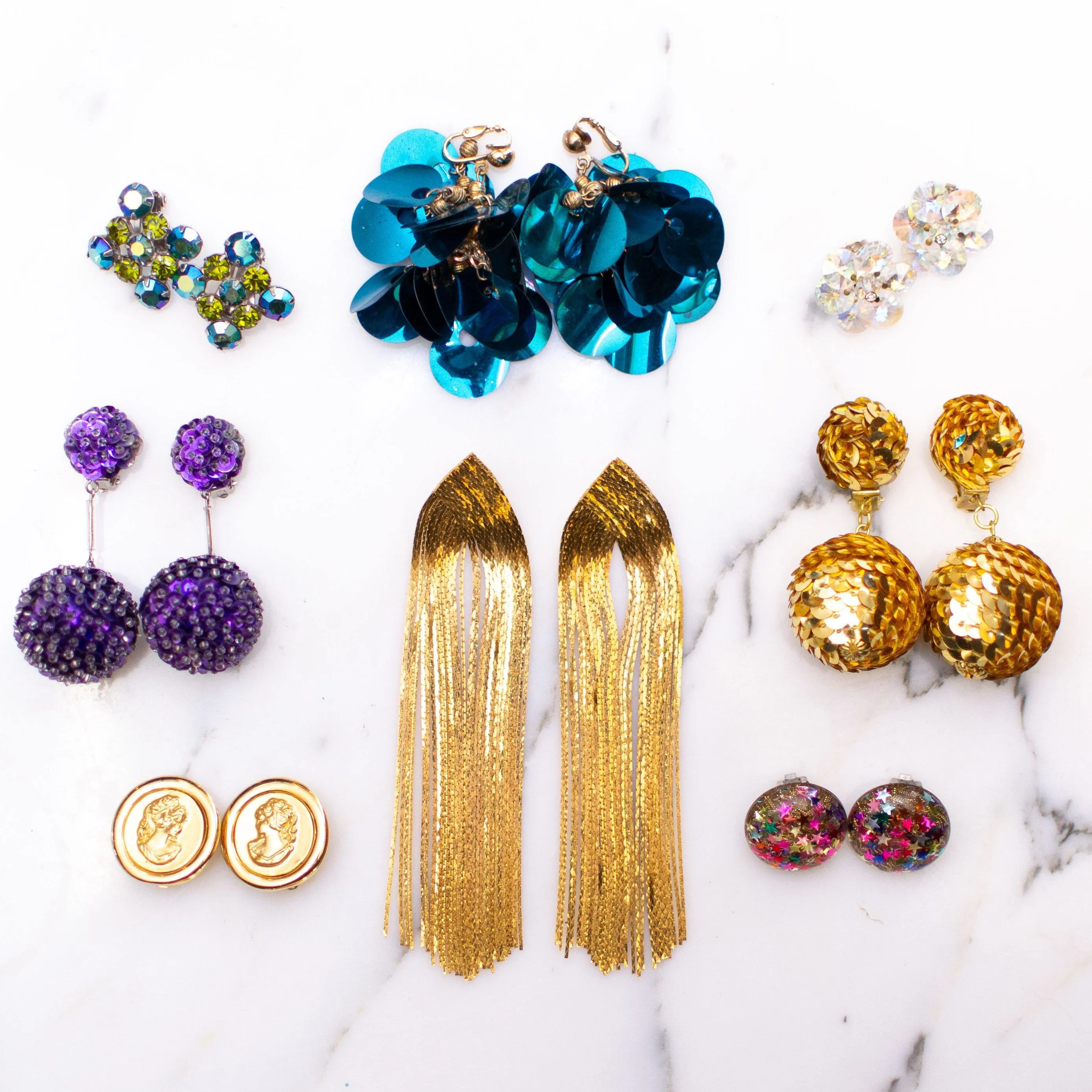 Vintage 1960s Purple Sequin Bon Bon Statement Earrings, Dangle, Purple Sequins, Clear Beads, Clip-on