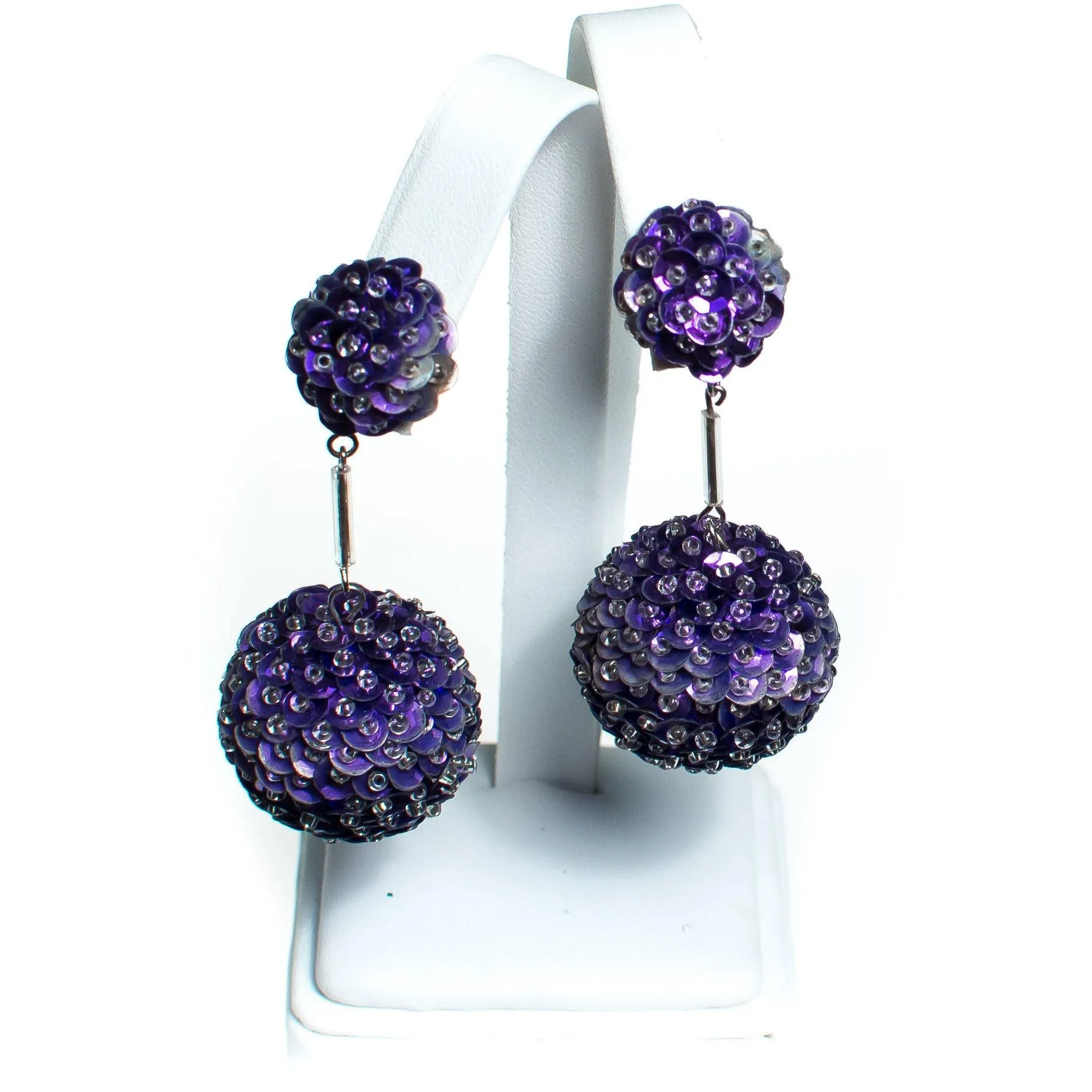 Vintage 1960s Purple Sequin Bon Bon Statement Earrings, Dangle, Purple Sequins, Clear Beads, Clip-on