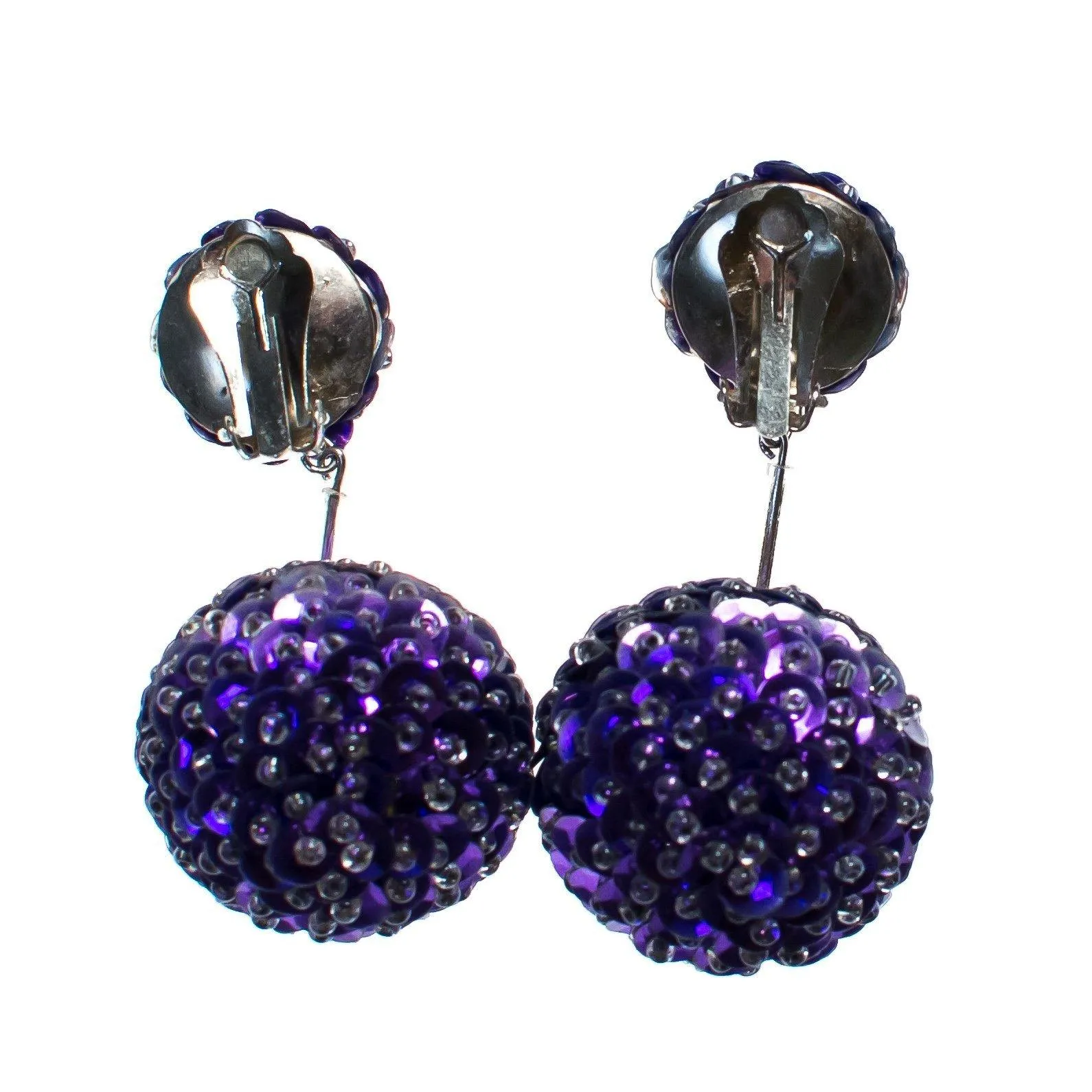 Vintage 1960s Purple Sequin Bon Bon Statement Earrings, Dangle, Purple Sequins, Clear Beads, Clip-on