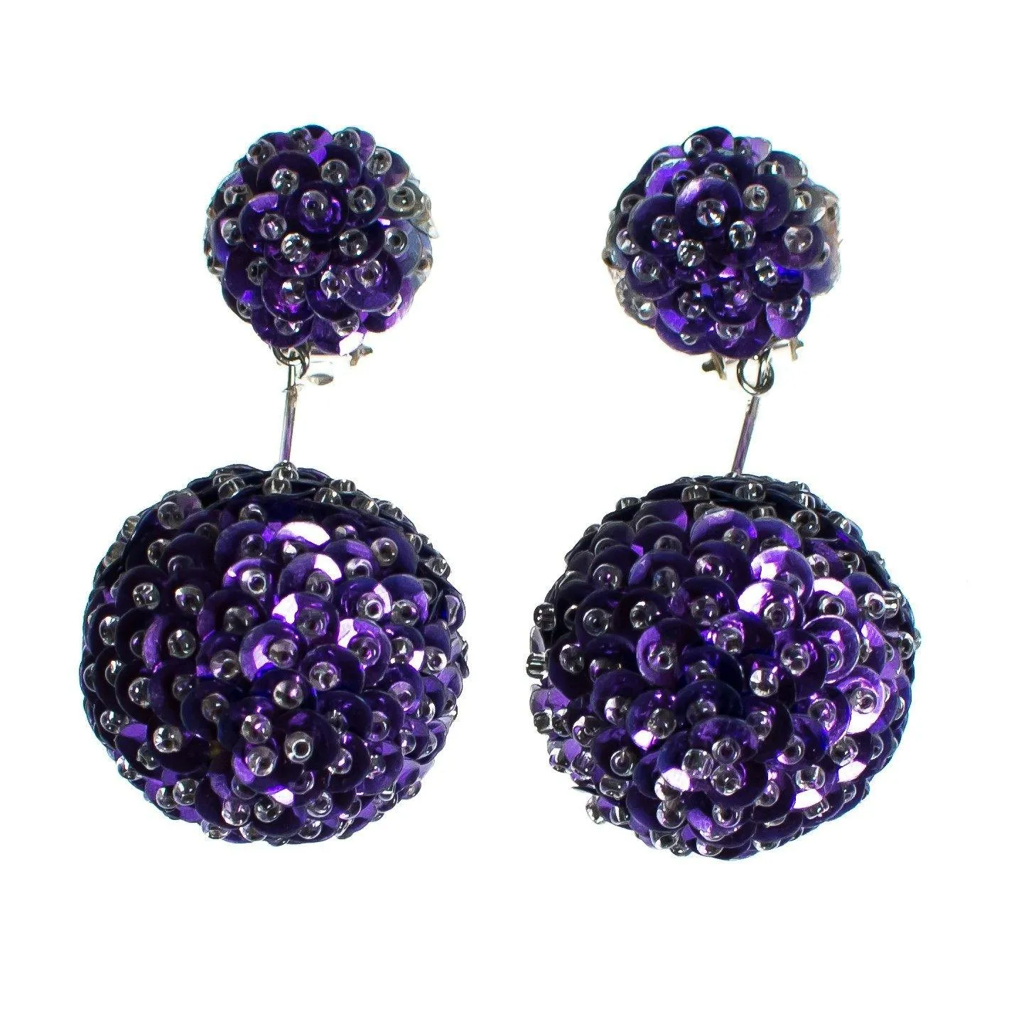 Vintage 1960s Purple Sequin Bon Bon Statement Earrings, Dangle, Purple Sequins, Clear Beads, Clip-on