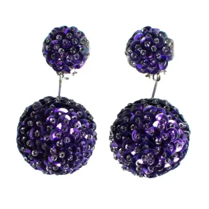 Vintage 1960s Purple Sequin Bon Bon Statement Earrings, Dangle, Purple Sequins, Clear Beads, Clip-on