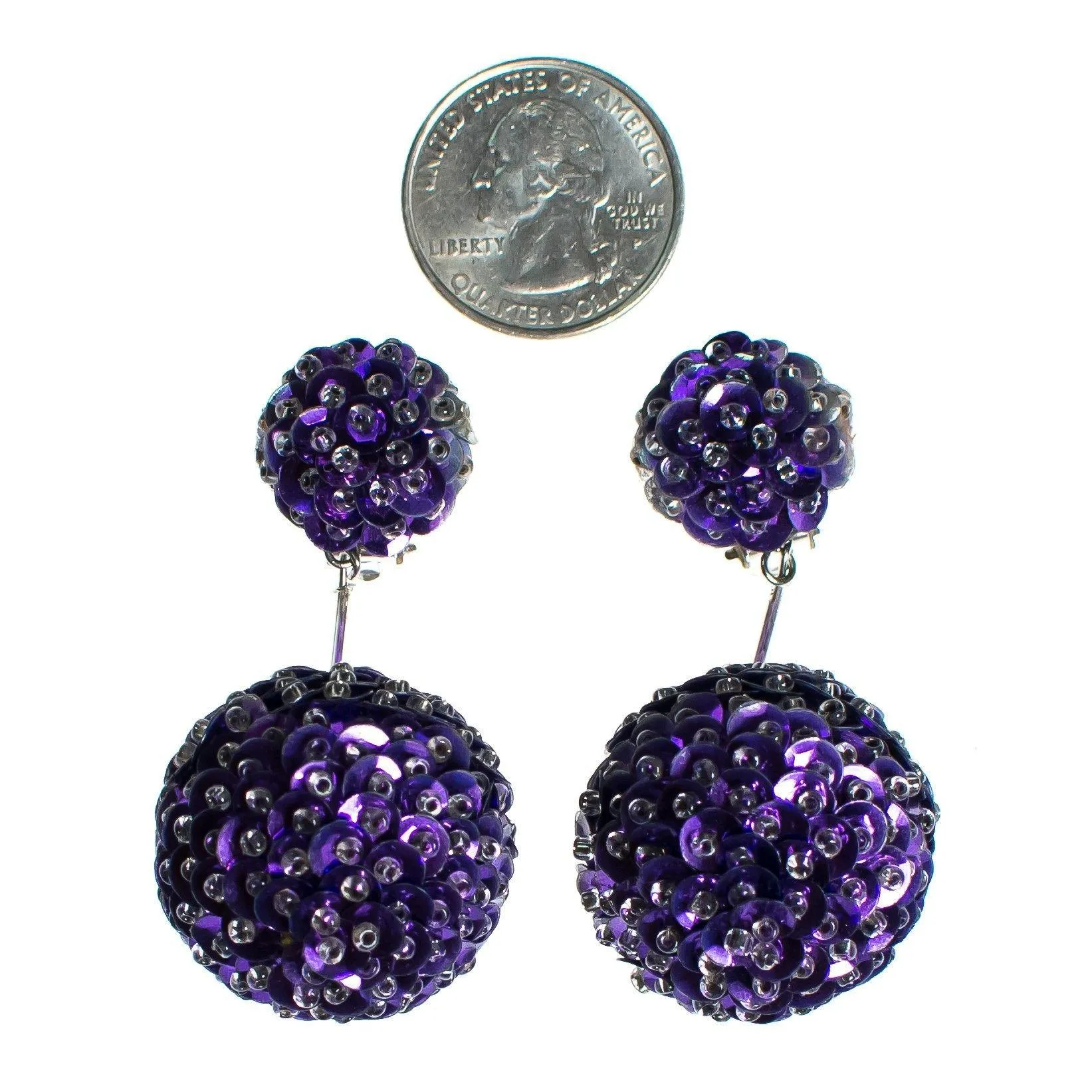 Vintage 1960s Purple Sequin Bon Bon Statement Earrings, Dangle, Purple Sequins, Clear Beads, Clip-on