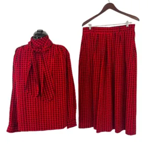 Vintage 80s 90s Red and Black Matching Top Skirt and Scarf Bow Tie Neck Size 12