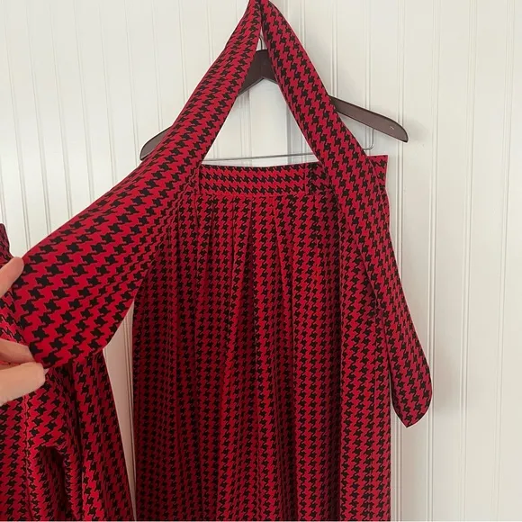 Vintage 80s 90s Red and Black Matching Top Skirt and Scarf Bow Tie Neck Size 12