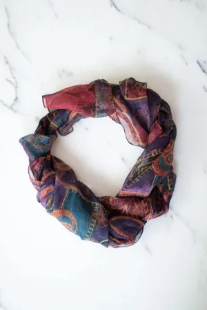 Vintage Casual Corner Purple Flower Scarf with Purple, Green, and Red Swirls, Gold Accents, Sheer Scarf Made in Italy