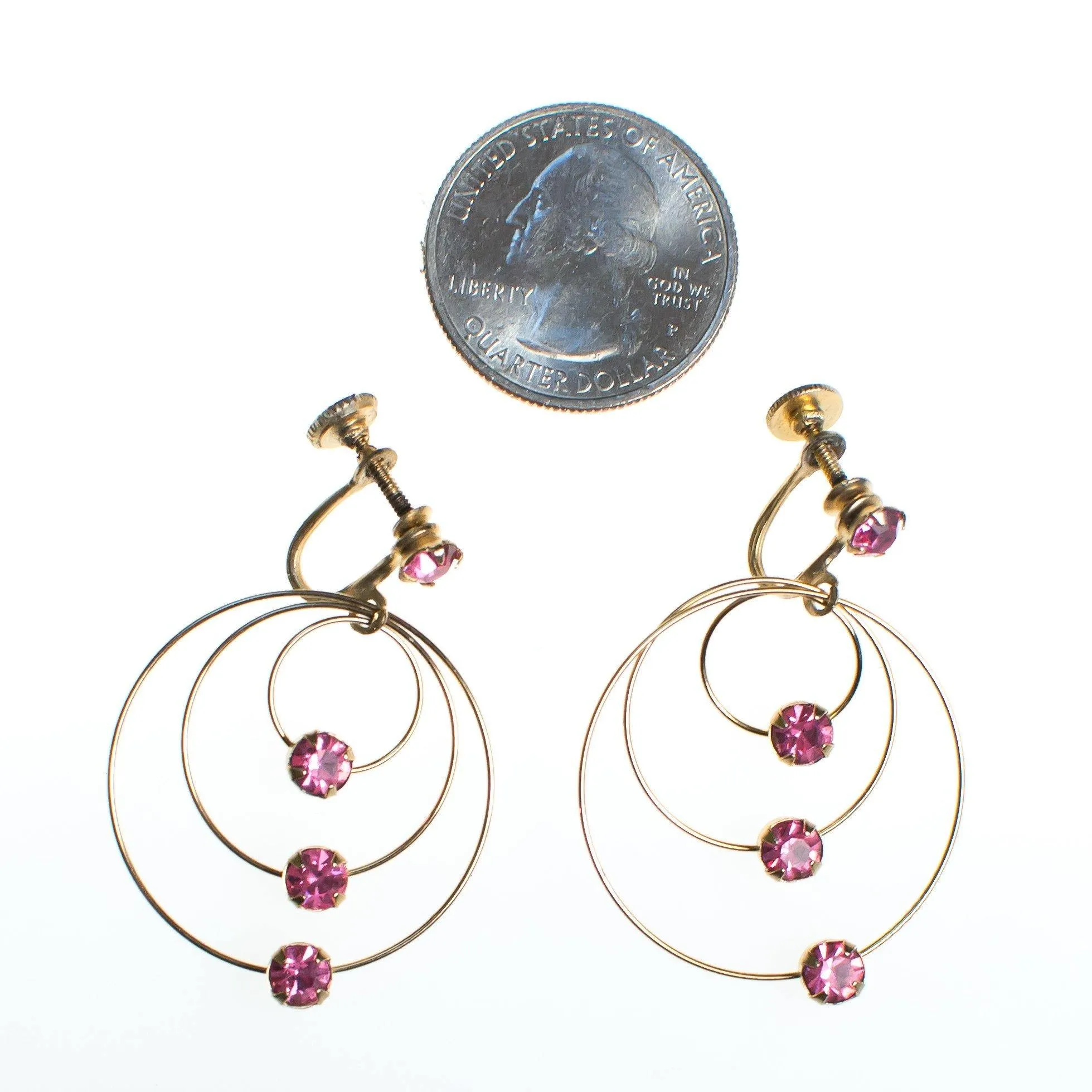 Vintage Gold Spiral Circle Earrings With Pink Rhinestones