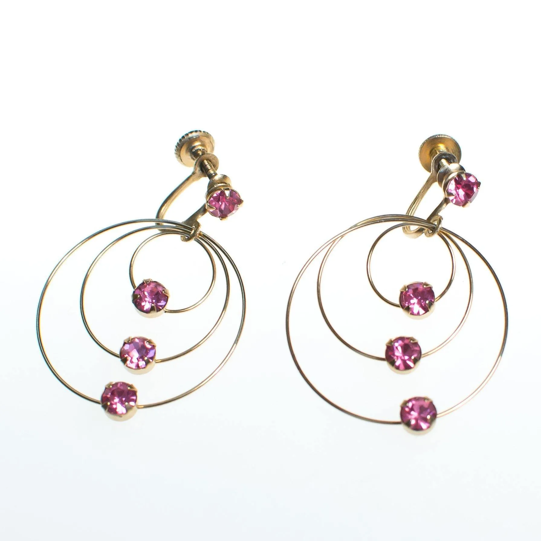 Vintage Gold Spiral Circle Earrings With Pink Rhinestones