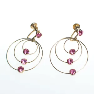 Vintage Gold Spiral Circle Earrings With Pink Rhinestones