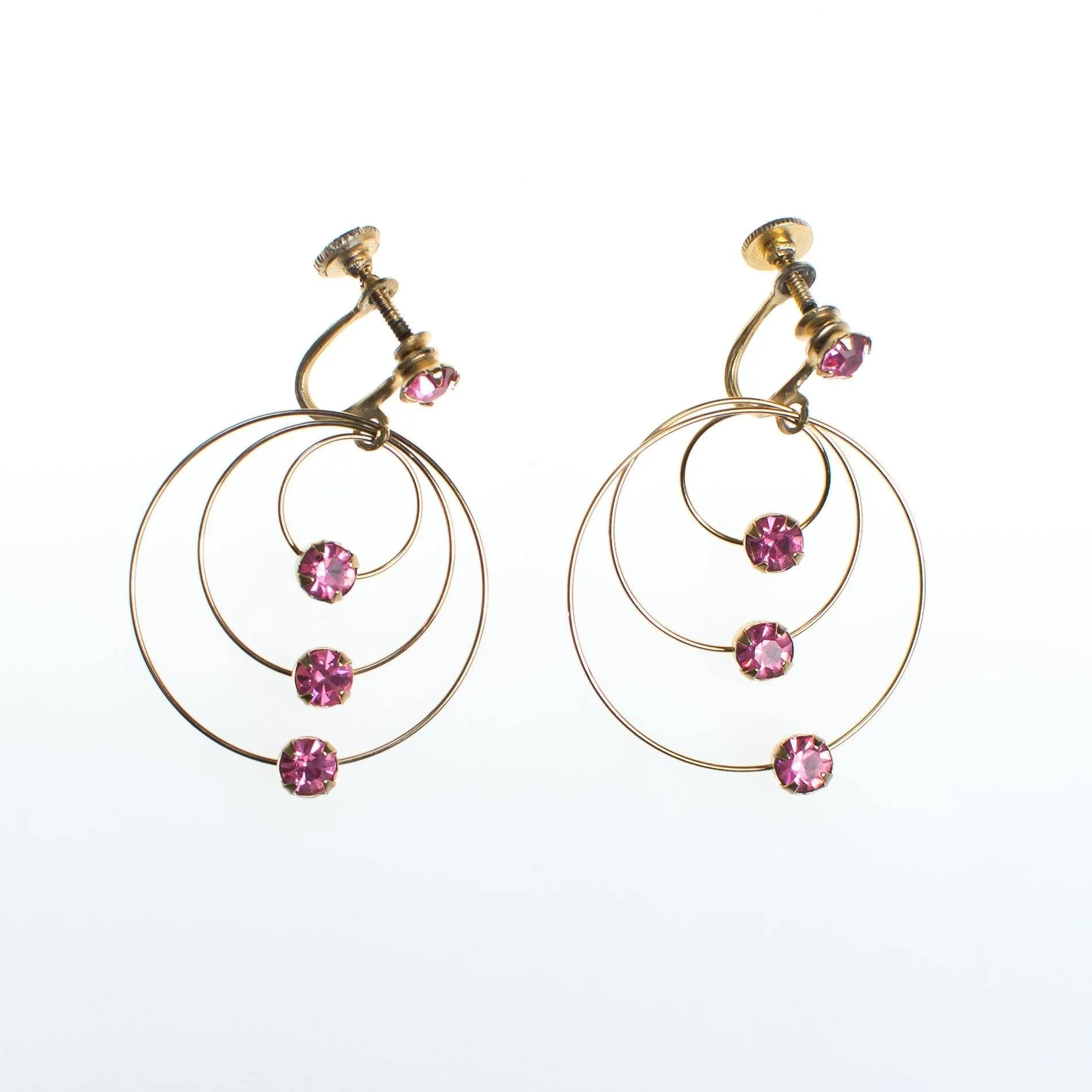 Vintage Gold Spiral Circle Earrings With Pink Rhinestones