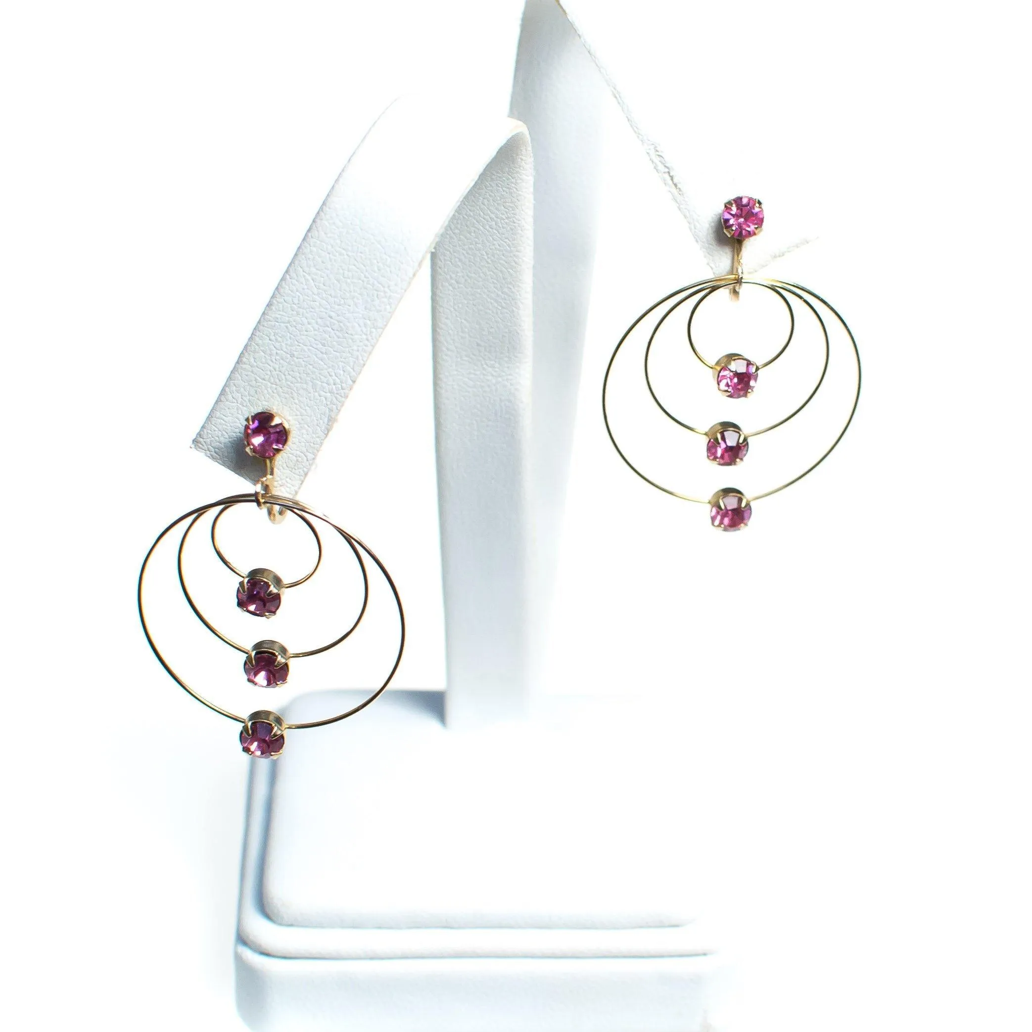 Vintage Gold Spiral Circle Earrings With Pink Rhinestones