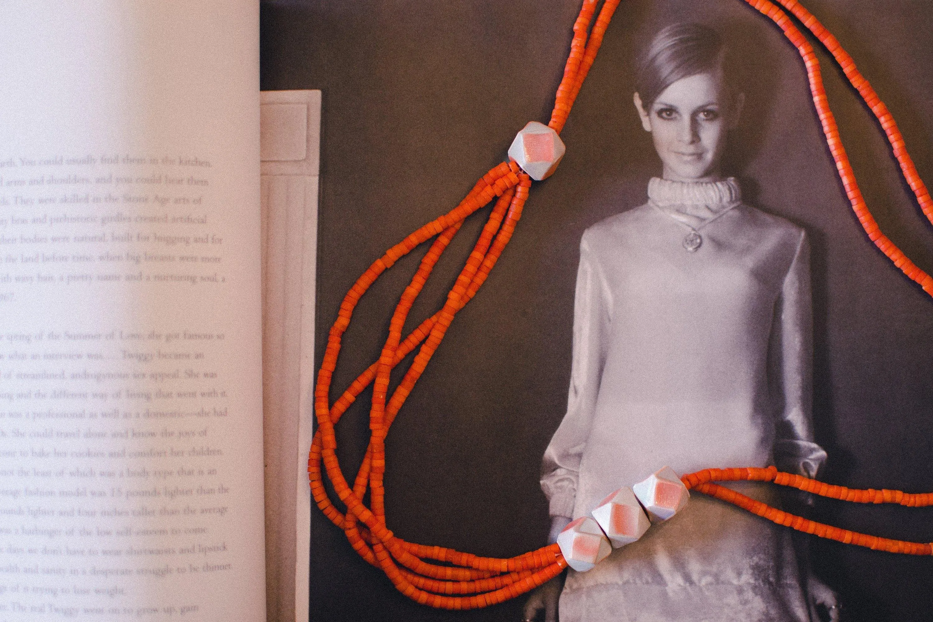 Vintage Orange Beaded Necklace, Multi-strand, Orange Lucite Beads, Geometric Beads