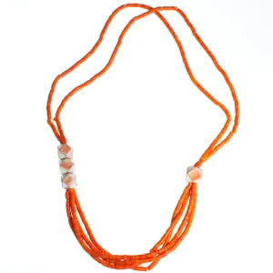 Vintage Orange Beaded Necklace, Multi-strand, Orange Lucite Beads, Geometric Beads