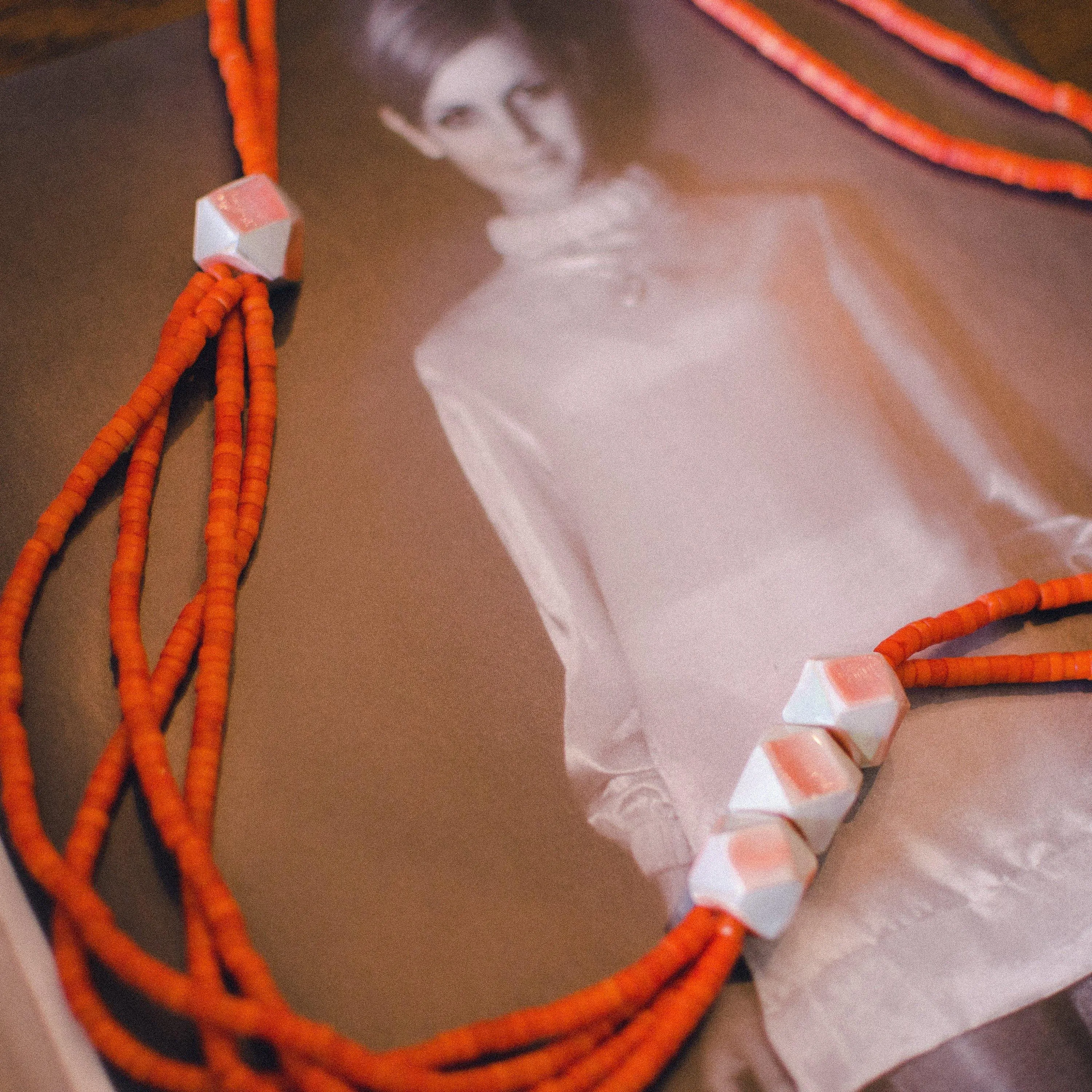 Vintage Orange Beaded Necklace, Multi-strand, Orange Lucite Beads, Geometric Beads