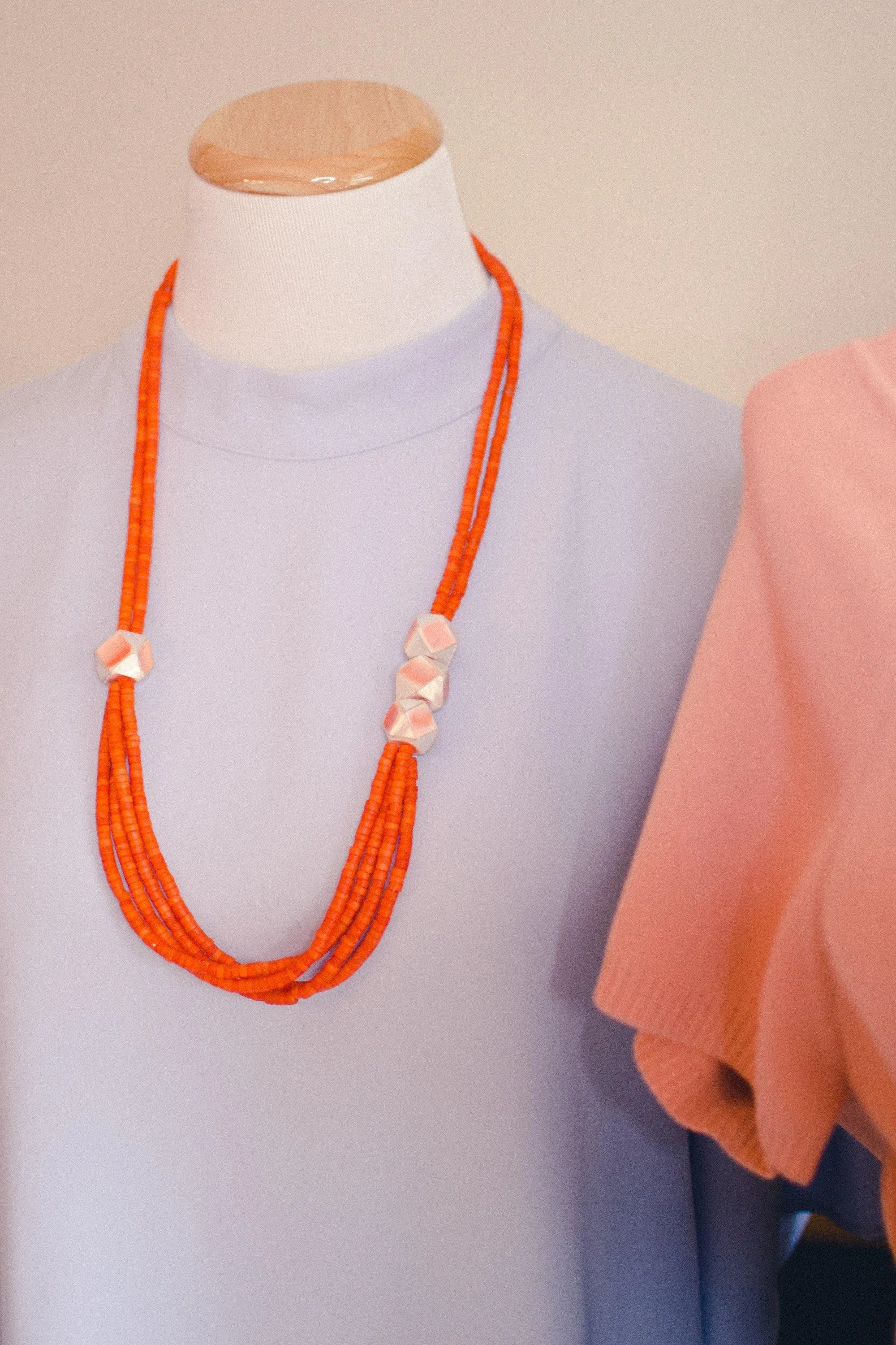 Vintage Orange Beaded Necklace, Multi-strand, Orange Lucite Beads, Geometric Beads