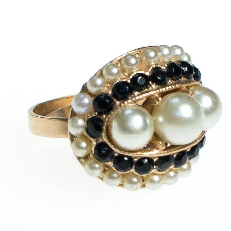 Vintage Pearl and Black Rhinestone Statement Ring Gold Tone Adjustable