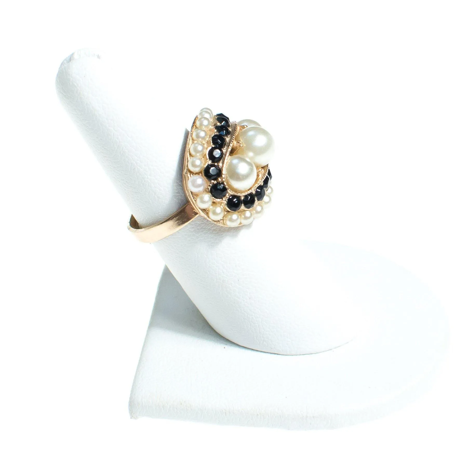 Vintage Pearl and Black Rhinestone Statement Ring Gold Tone Adjustable