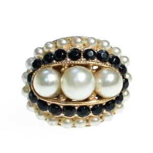 Vintage Pearl and Black Rhinestone Statement Ring Gold Tone Adjustable