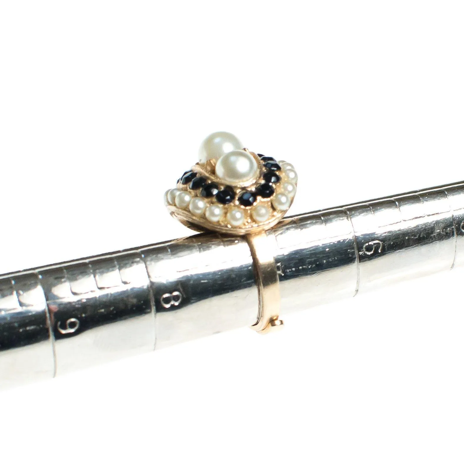 Vintage Pearl and Black Rhinestone Statement Ring Gold Tone Adjustable