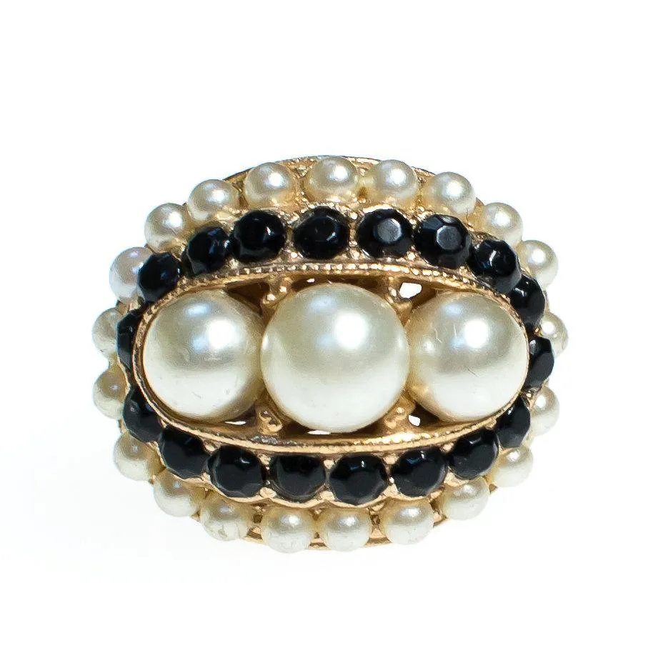 Vintage Pearl and Black Rhinestone Statement Ring Gold Tone Adjustable