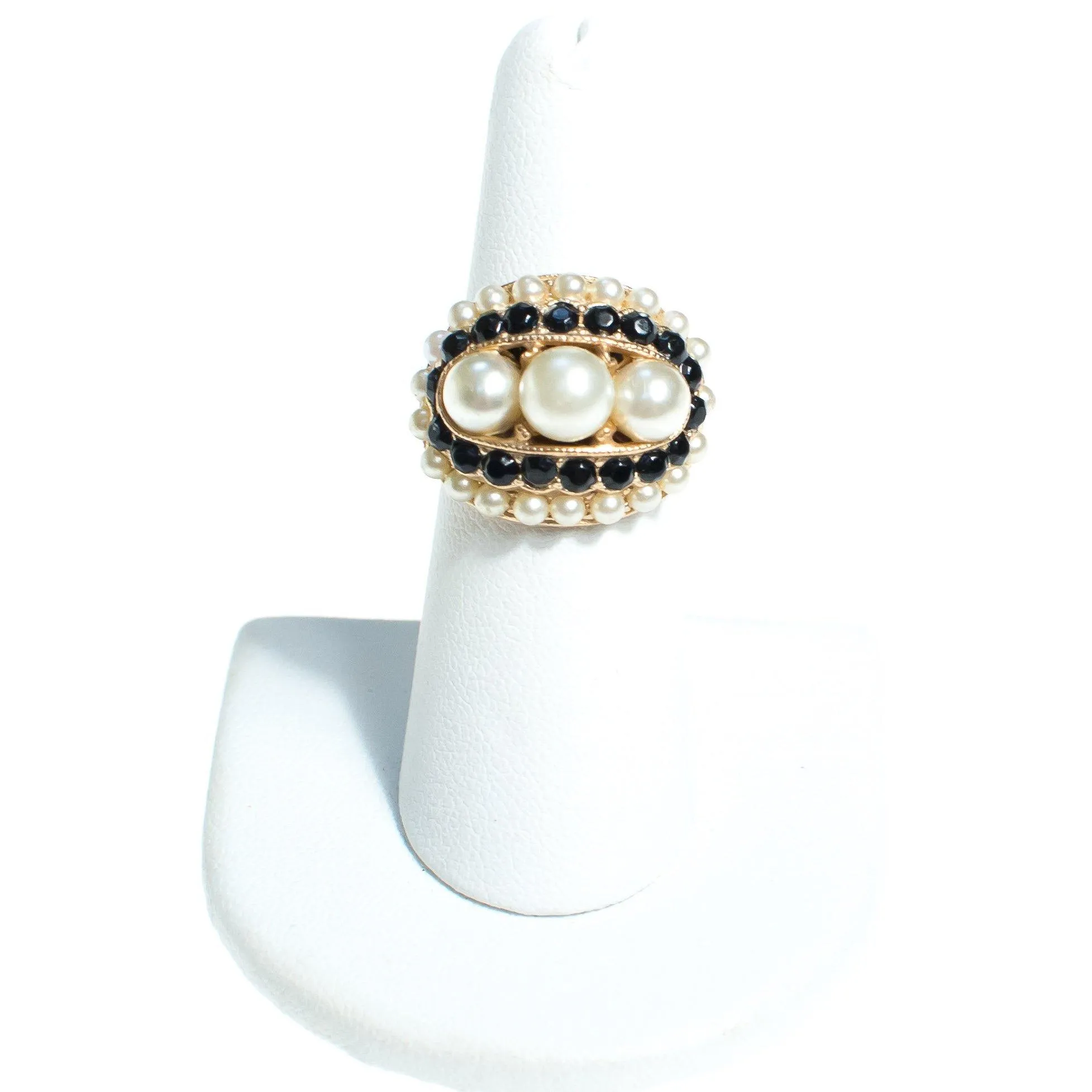 Vintage Pearl and Black Rhinestone Statement Ring Gold Tone Adjustable