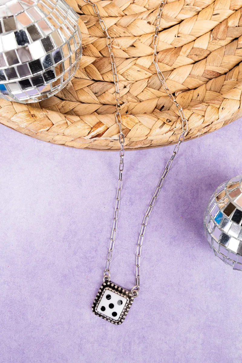 White 5 Dice Silvertone Necklace