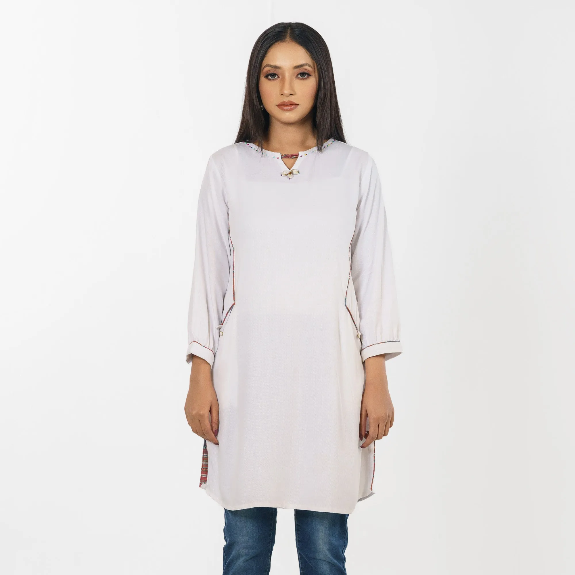 White Beaded Jacquard Tunic