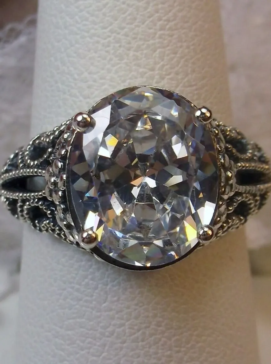 White CZ Blossom Ring, Oval Gemstone, Vintage Sterling Silver Jewelry D171