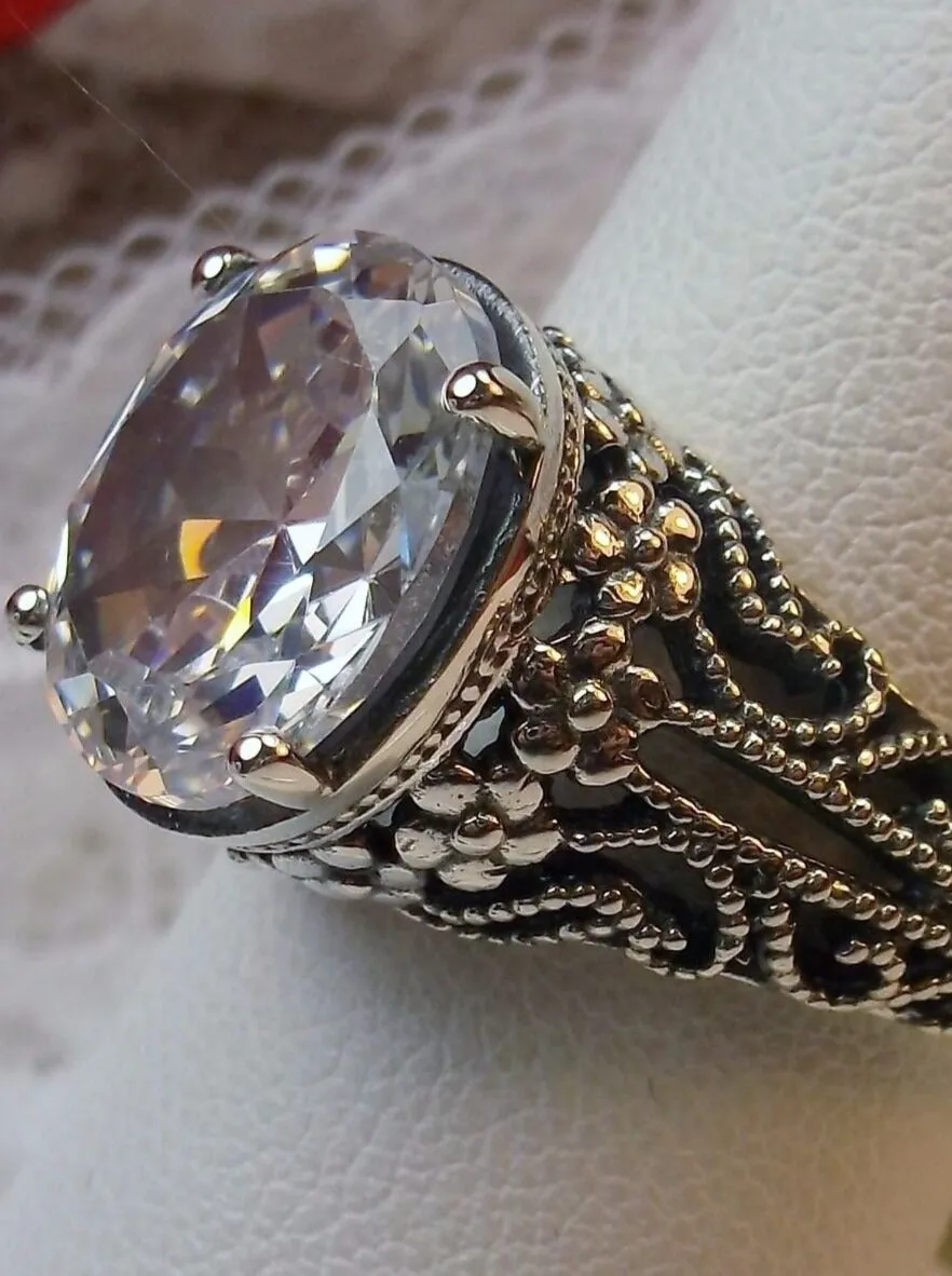 White CZ Blossom Ring, Oval Gemstone, Vintage Sterling Silver Jewelry D171