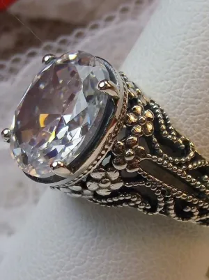 White CZ Blossom Ring, Oval Gemstone, Vintage Sterling Silver Jewelry D171