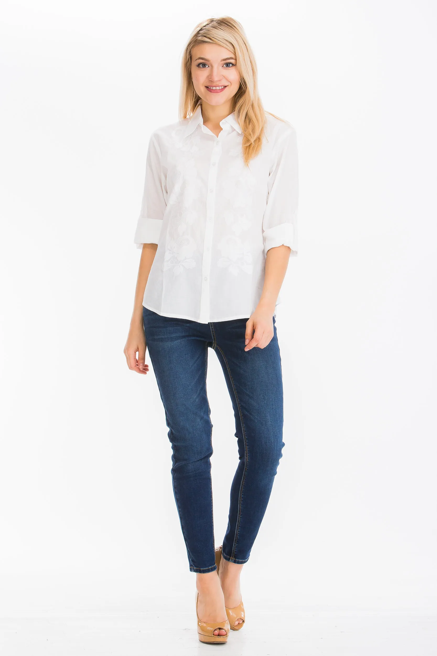 White Embroidered Button-Down Shirt