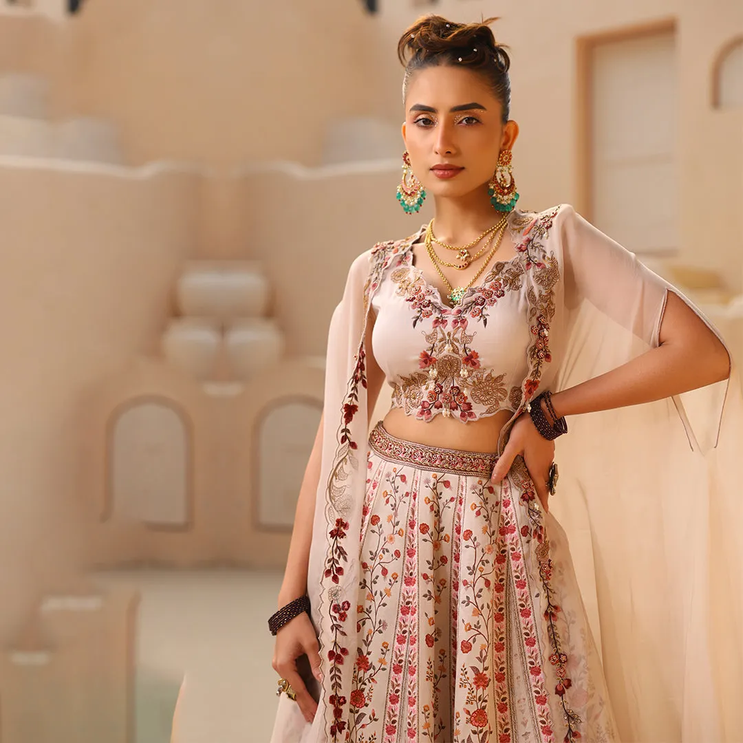 White Embroidered Lehenga Top with Long Cape