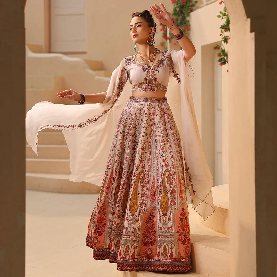 White Embroidered Lehenga Top with Long Cape