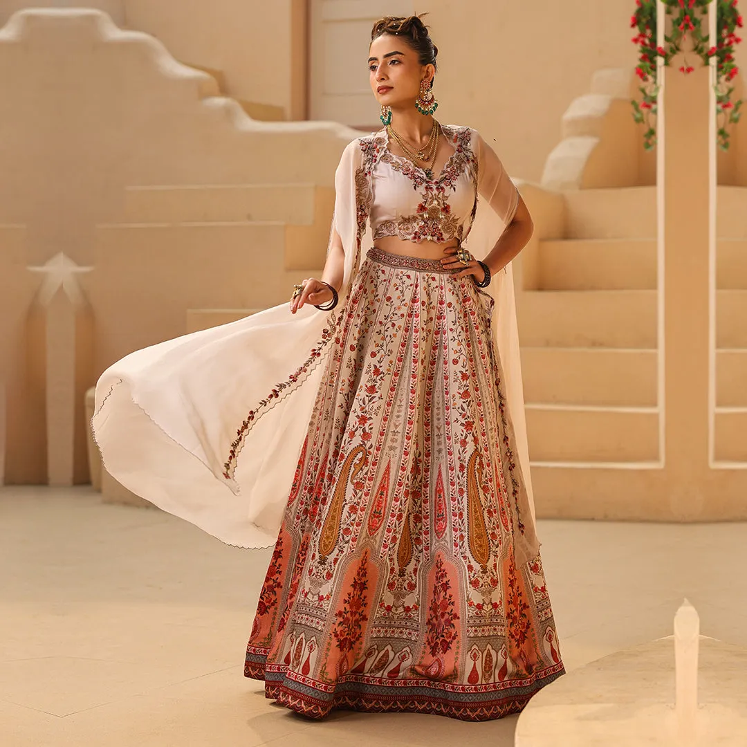 White Embroidered Lehenga Top with Long Cape