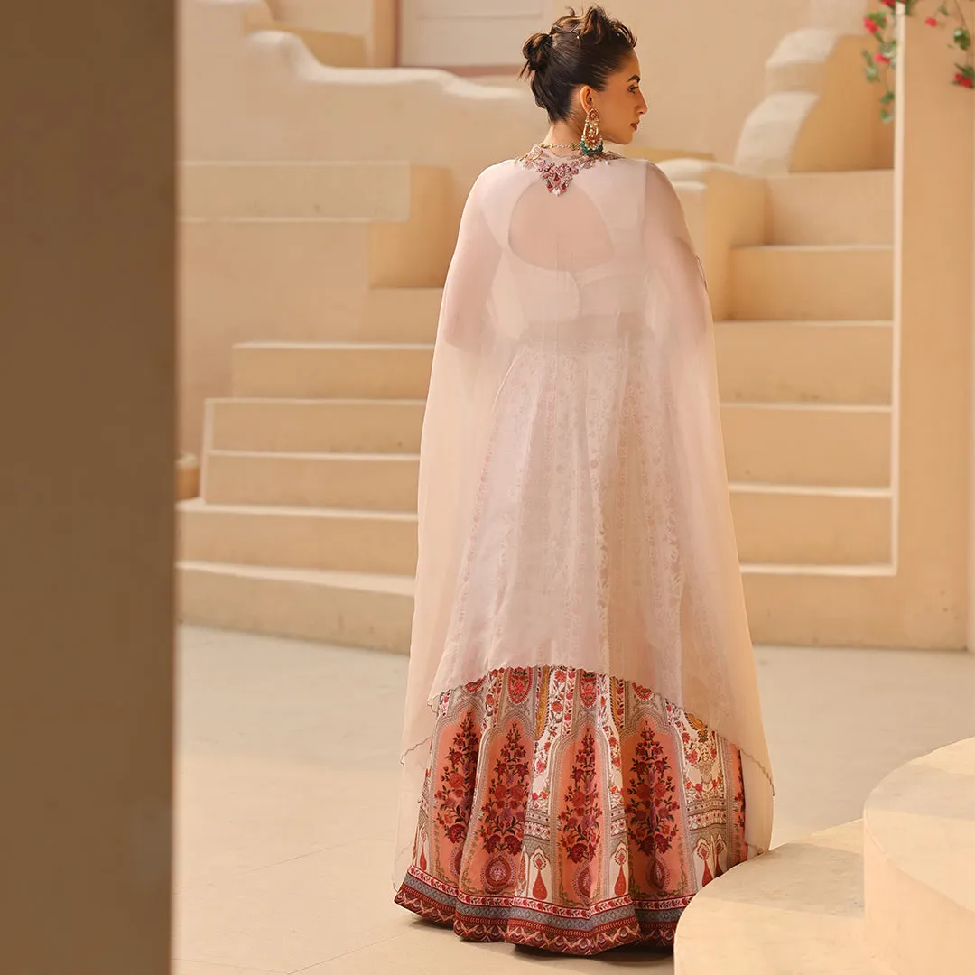 White Embroidered Lehenga Top with Long Cape