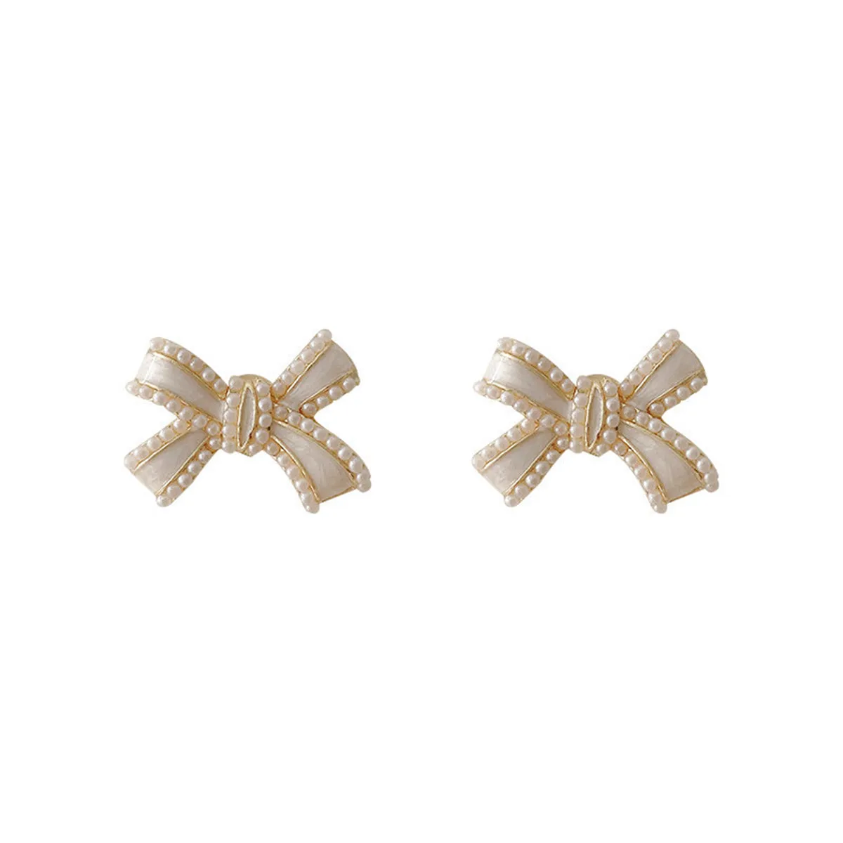 White Enamel & Pearl Bow Stud Earrings